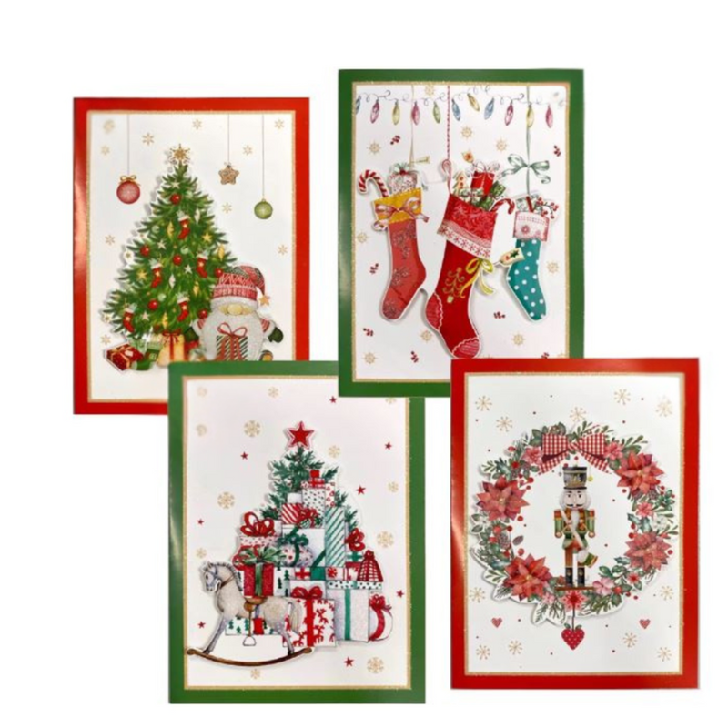 Christmas Card Cheerful With Gifts 3D Glitter 6Pk 4 Asstd