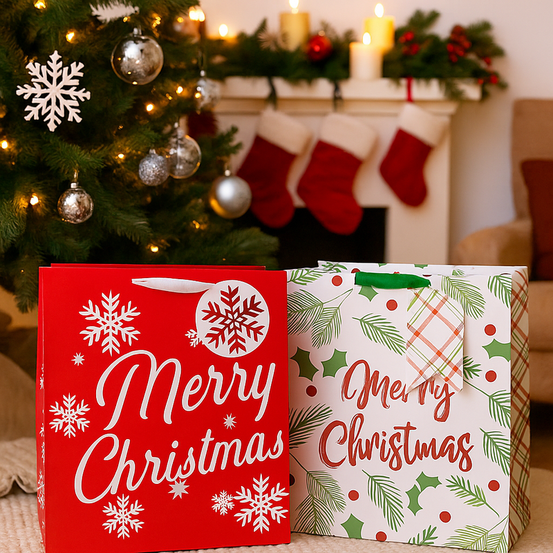 Assorted square wide Christmas gift bags with “Merry Christmas” foil designs