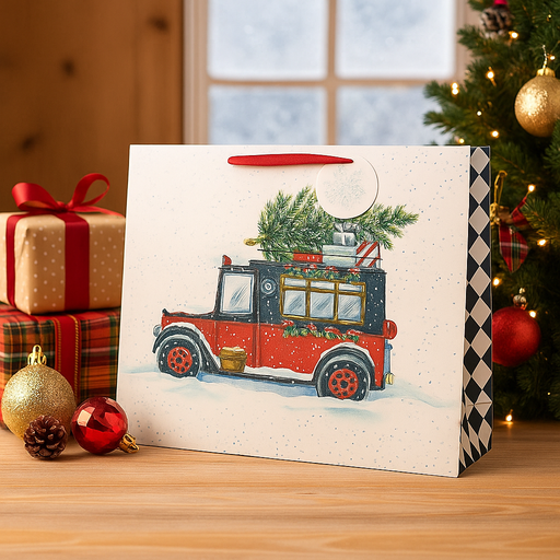 Extra large Christmas gift bag with vintage red car carrying tree design, 51x15x40cm