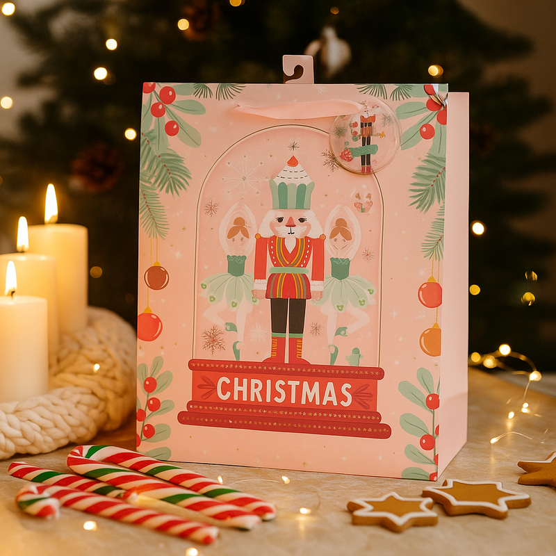Large Christmas gift bag featuring a Nutcracker Suite in a cloche design, size 26x32x12cm