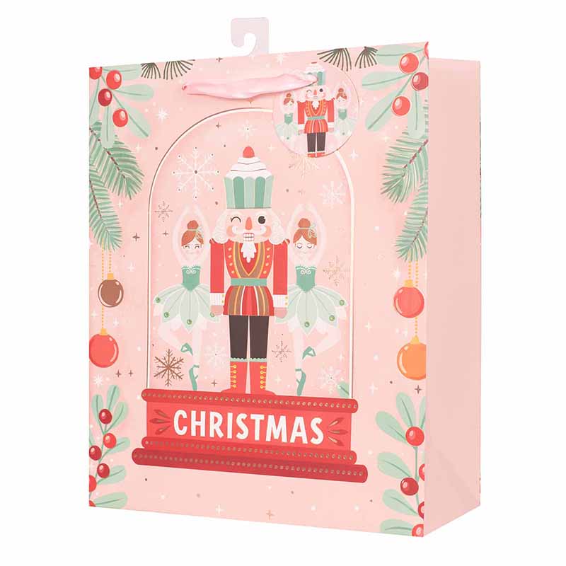Large Christmas gift bag featuring a Nutcracker Suite in a cloche design, size 26x32x12cm