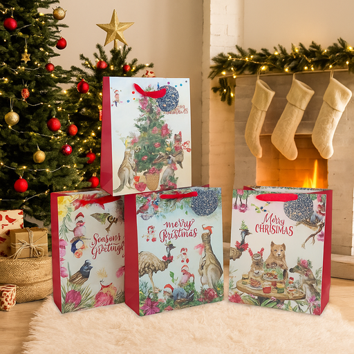 Medium assorted Christmas gift bag with Australian outback-themed design, 23x17.7x10cm