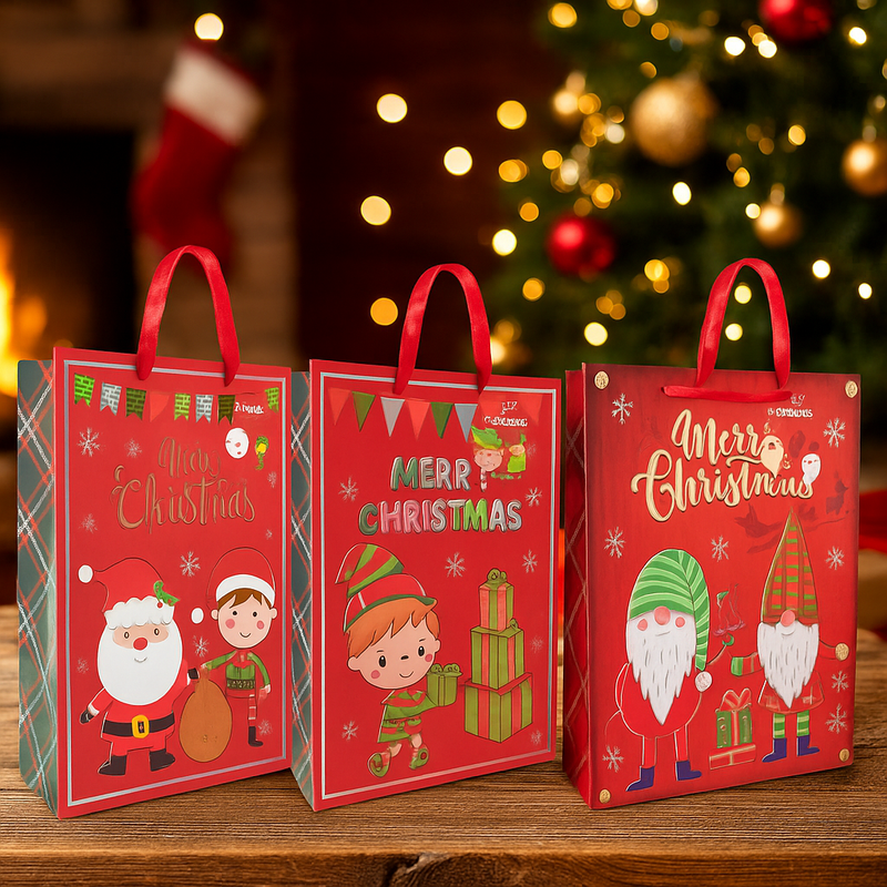 Large Red Christmas Gift Bag with Cute Character and Silver Foil – Assorted Designs