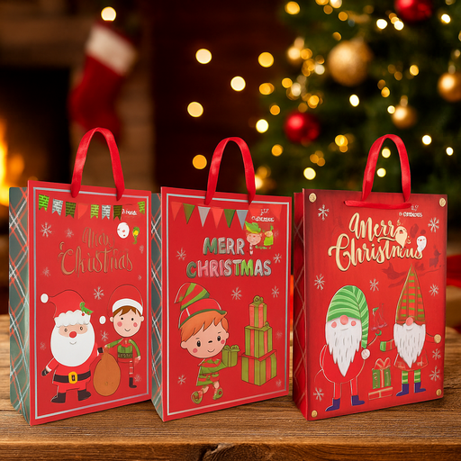 Large Red Christmas Gift Bag with Cute Character and Silver Foil – Assorted Designs