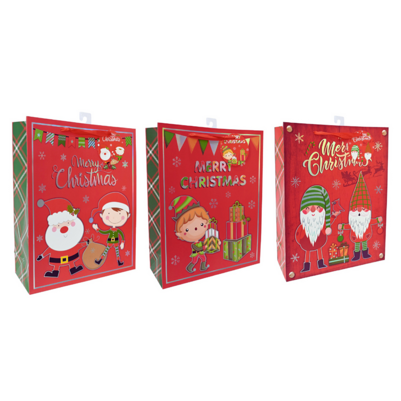 Large Red Christmas Gift Bag with Cute Character and Silver Foil – Assorted Designs