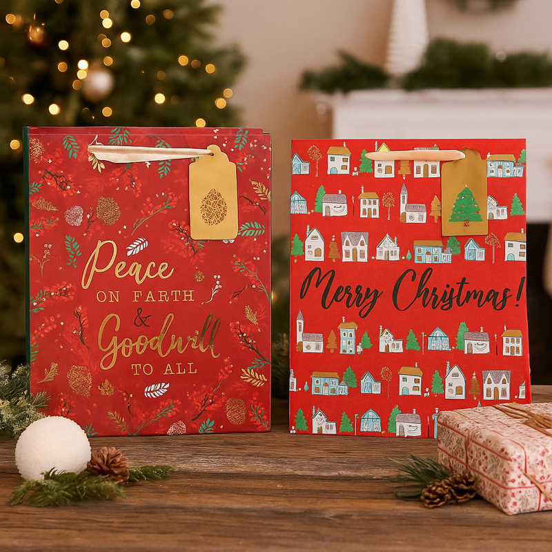 Red Small Christmas Gift Bags with Hot Stamping – 2-Pack