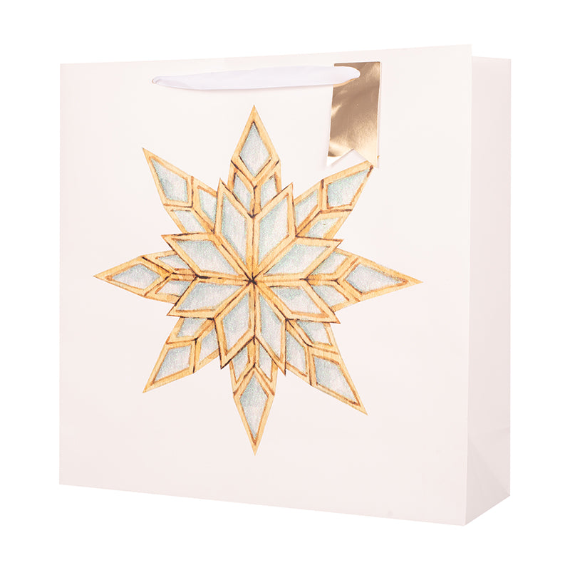 Large square Christmas gift bag with festive snowflake design, 35x10x35cm