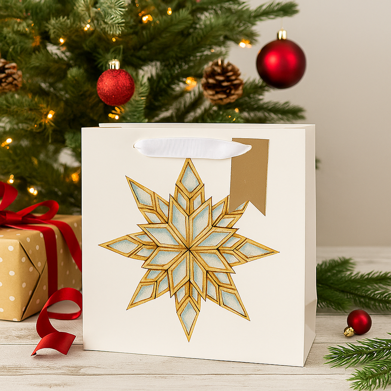 Medium square Christmas gift bag with snowflake design and ribbon handles – 25x10x25cm