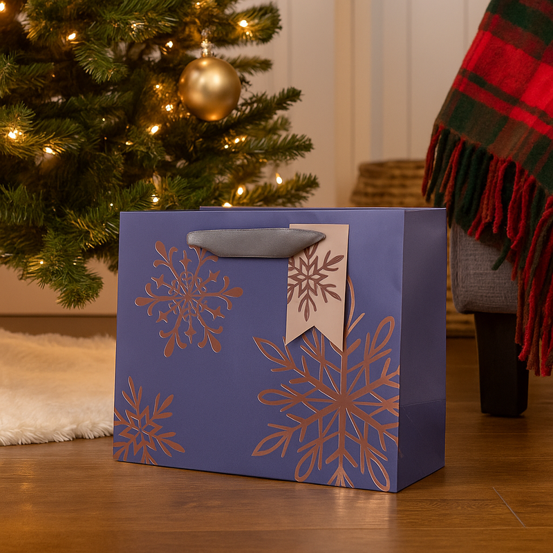 Medium landscape Christmas gift bag with sparkling snowflakes design and rope handles