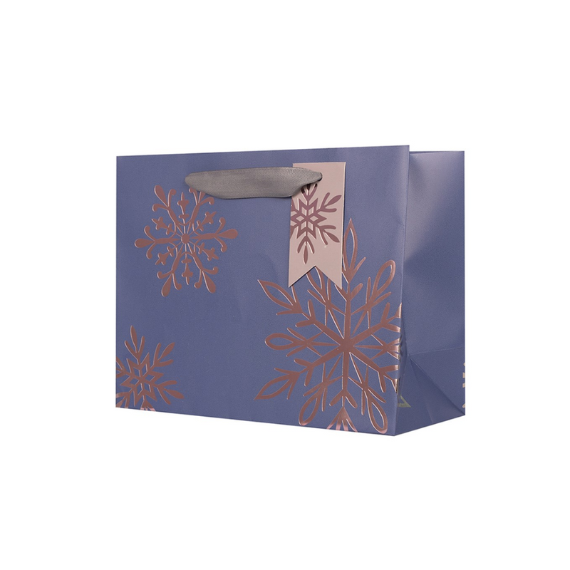 Medium landscape Christmas gift bag with sparkling snowflakes design and rope handles