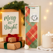 Christmas gift bag for wine bottle with red tartan design, 12x36x9cm