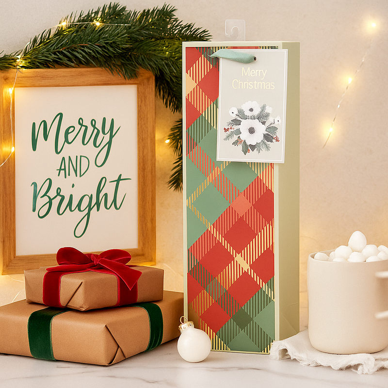 Christmas gift bag for wine bottle with red tartan design, 12x36x9cm