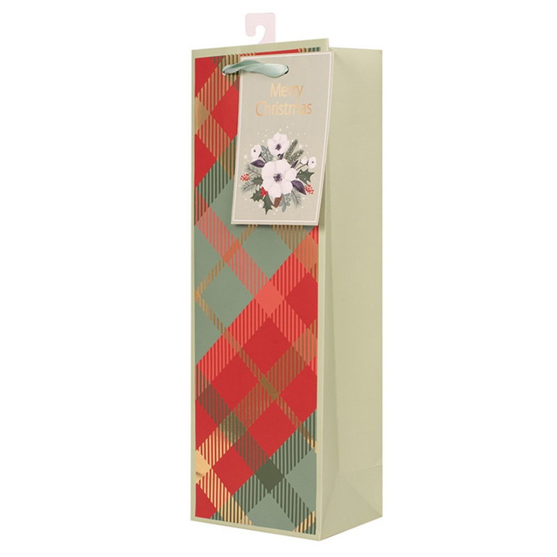 Christmas gift bag for wine bottle with red tartan design, 12x36x9cm