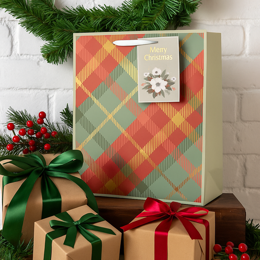 Large Christmas gift bag with red tartan pattern, 26x32x12cm