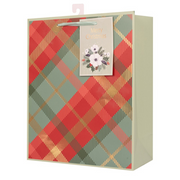 Large Christmas gift bag with red tartan pattern, 26x32x12cm