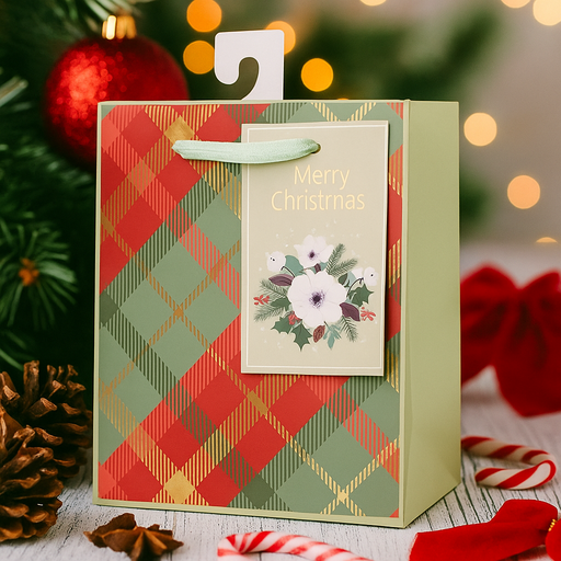 Small Christmas gift bag with red and green tartan plaid design – 11.1x13.7x6.2cm
