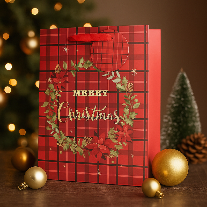 Medium Christmas Gift Bag with red tartan and berries design, 18x23x10cm