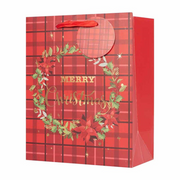 Medium Christmas Gift Bag with red tartan and berries design, 18x23x10cm