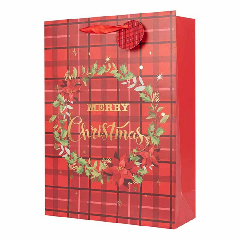 Extra large Christmas gift bag with red tartan and festive berries design, 30x42x12cm