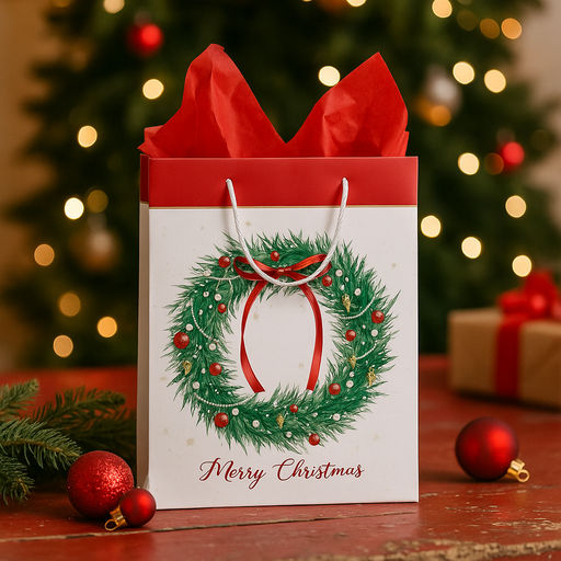 Medium Christmas gift bag with traditional wreath design and red ribbon bow