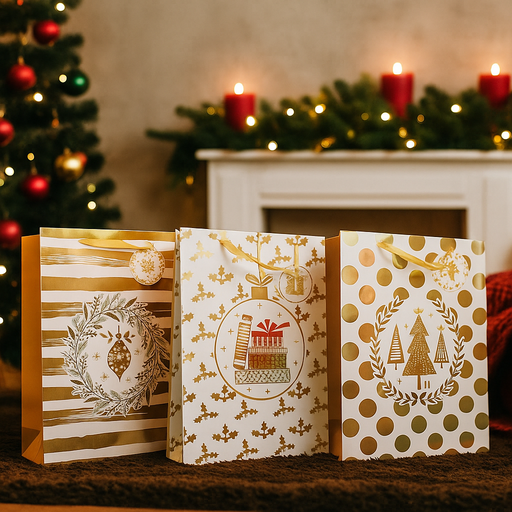 Extra large white Christmas gift bag with assorted gold foil festive designs