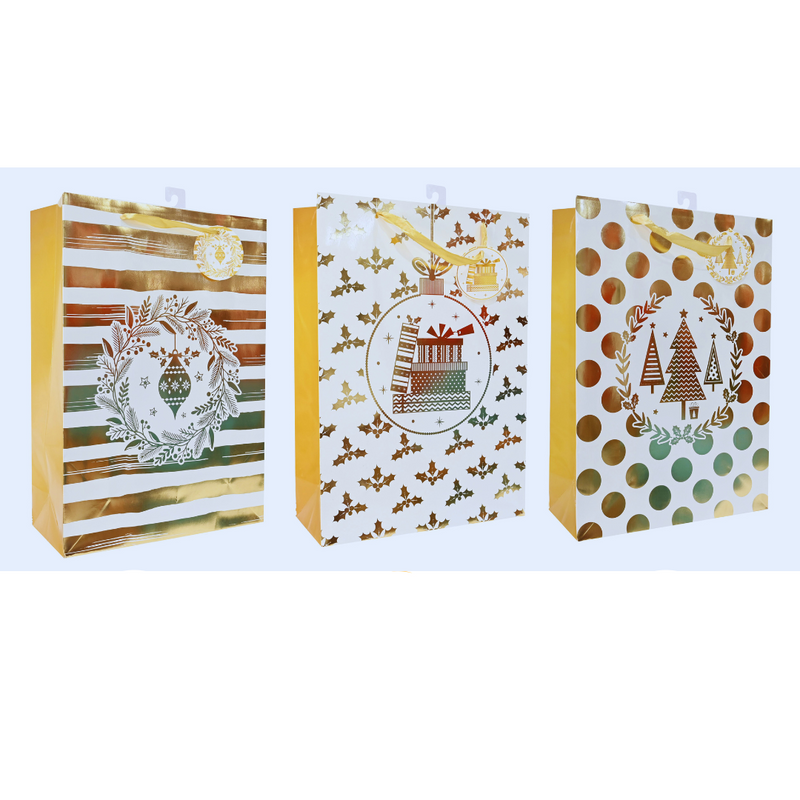 Extra large white Christmas gift bag with assorted gold foil festive designs