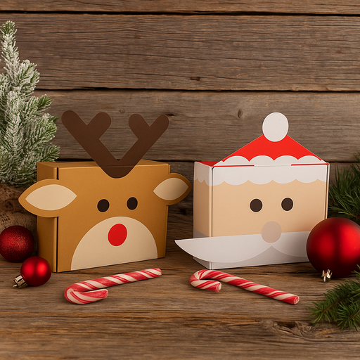 Assorted foldable Christmas gift boxes with festive character designs