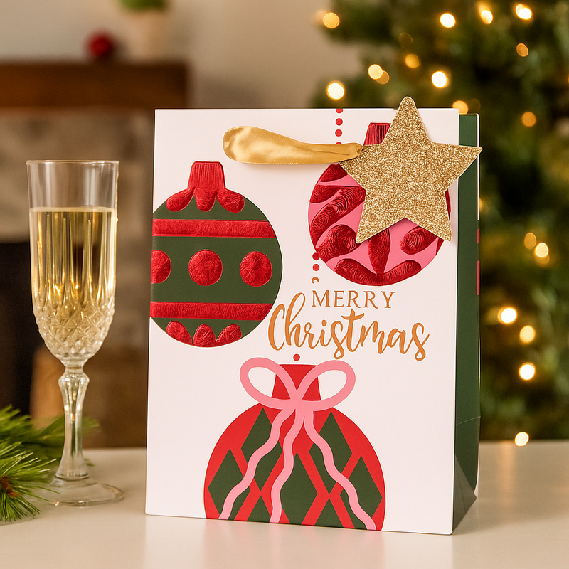 Medium Christmas gift bag with colorful bubble-themed festive design, 17.8x23x9.8cm