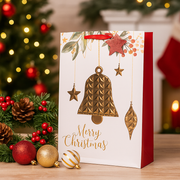 Small Christmas gift bag with embossed bell design and festive colors – 11.1x13.7x6cm