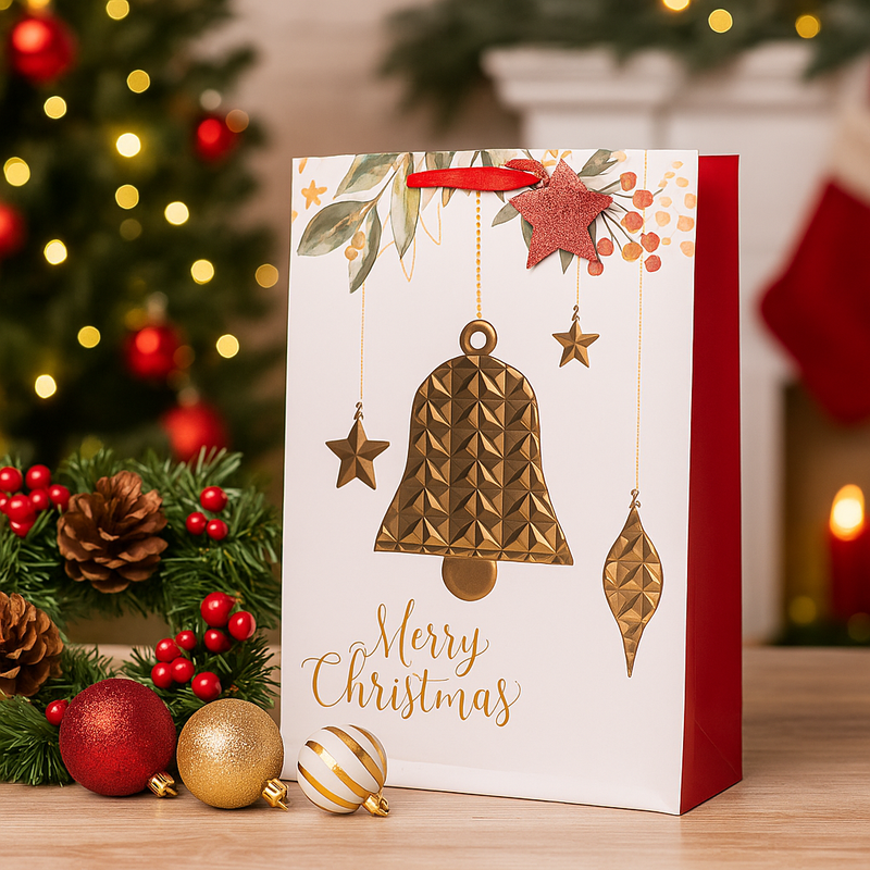 Christmas gift bag with decorative elements and 'Merry Christmas' text, surrounded by festive decorations.