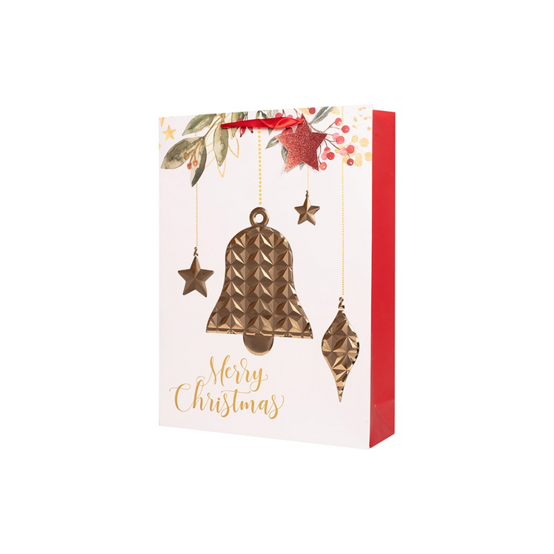 Small Christmas gift bag with embossed bell design and festive colors – 11.1x13.7x6cm