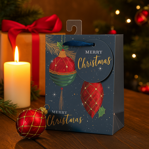 Large Christmas gift bag with festive finial ornament design, 26x32x12cm