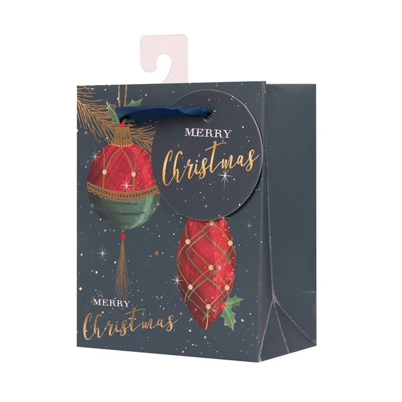 Large Christmas gift bag with festive finial ornament design, 26x32x12cm