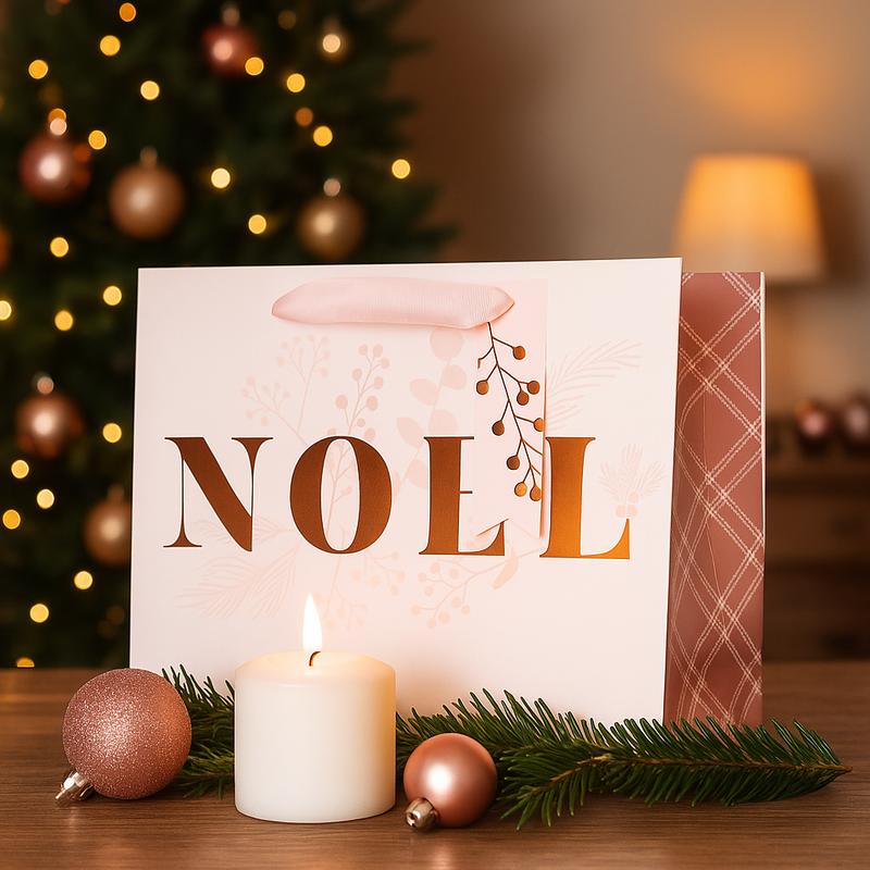Small Christmas gift bag with NOEL text and festive greenery, 22x9.8x17.8cm