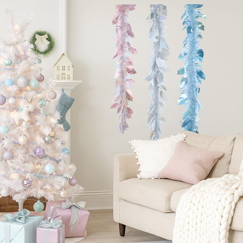 200cm iridescent holly tinsel garland with shimmering strands and leaf accents in assorted colours