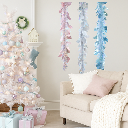 200cm iridescent holly tinsel garland with shimmering strands and leaf accents in assorted colours