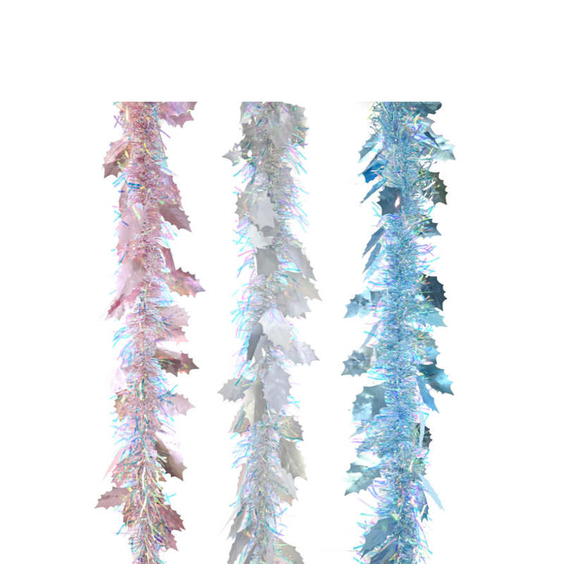200cm iridescent holly tinsel garland with shimmering strands and leaf accents in assorted colours
