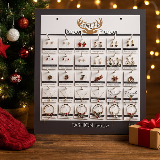 Assorted Christmas-themed jewellery including earrings, brooches, and festive accessories