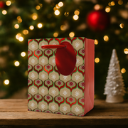 Two small Christmas Kraft Paper Gift Bags with festive prints and twisted handles, 11.1x13.7x6.2cm