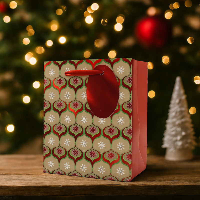 Two small Christmas Kraft Paper Gift Bags with festive prints and twisted handles, 11.1x13.7x6.2cm