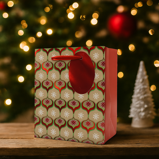 Two small Christmas Kraft Paper Gift Bags with festive prints and twisted handles, 11.1x13.7x6.2cm