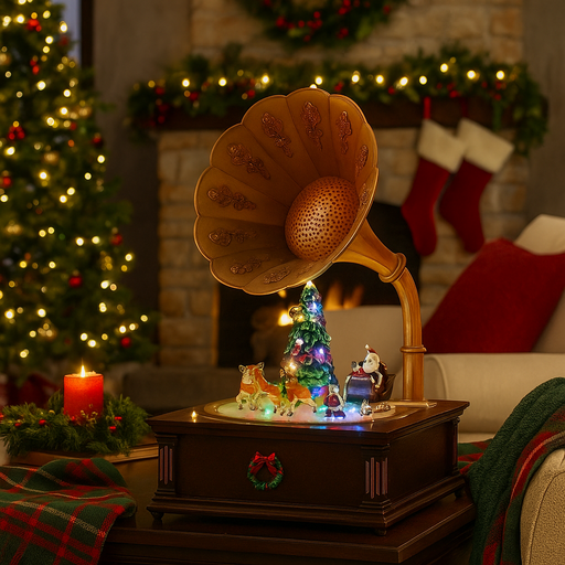 Vintage-style Christmas LED gramophone with rotating festive scene, lights, and music, 54.8x31.5x67.3cm