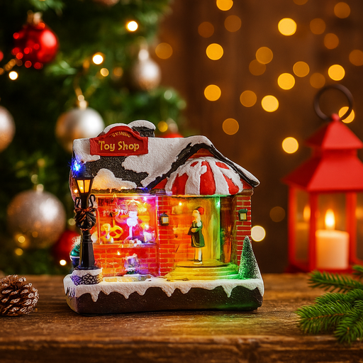 LED Santa’s Workshop Christmas decoration with music, 20.8x15x19.5cm festive tabletop piece