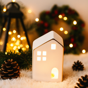 8cm Christmas LED Stonehouse with stone-effect design and internal warm LED light, perfect for mini holiday village displays.