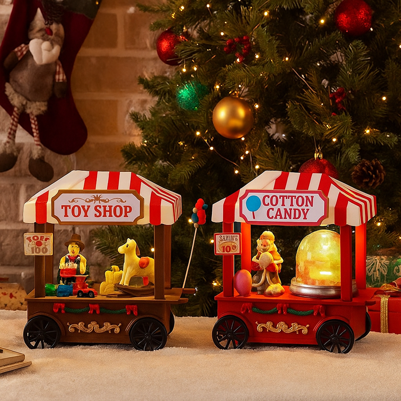 Pastel cotton candy-themed Christmas LED toy shop with rotating figures and lights, 13x7.5x13cm