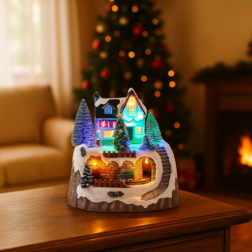Mini LED Christmas village with turning train and snowman, 17.8x18.3x19.2cm
