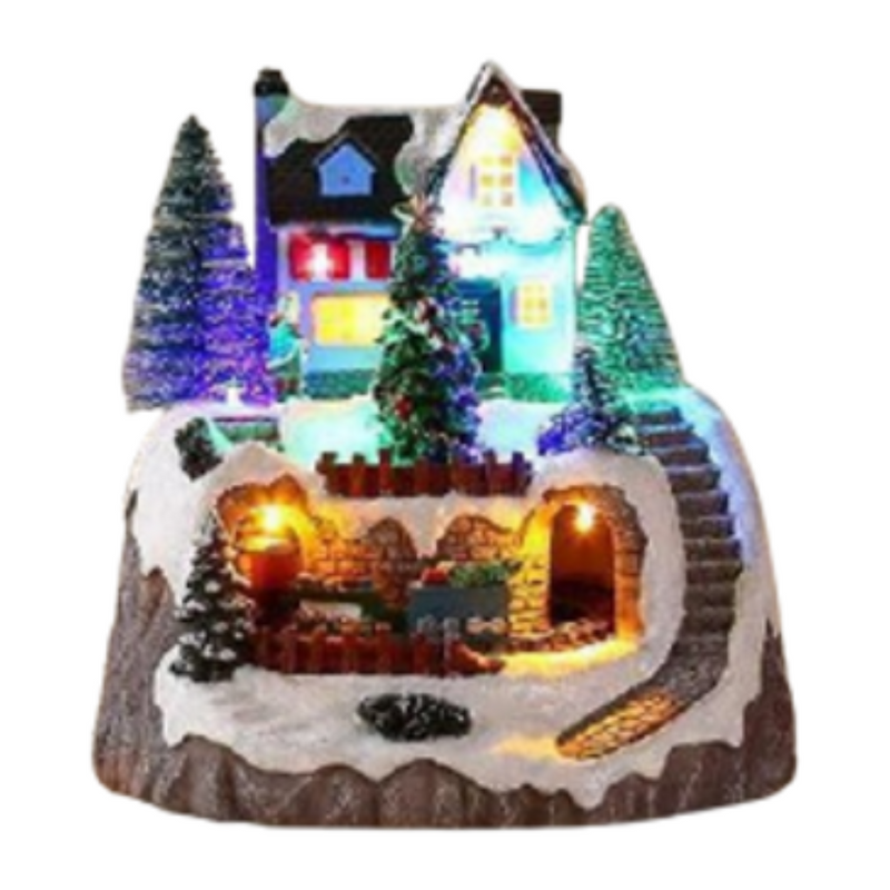 Mini LED Christmas village with turning train and snowman, 17.8x18.3x19.2cm