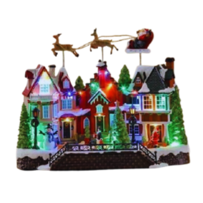 Christmas LED Village with flying sleigh, lights, and music 39x20x33cm festive decoration