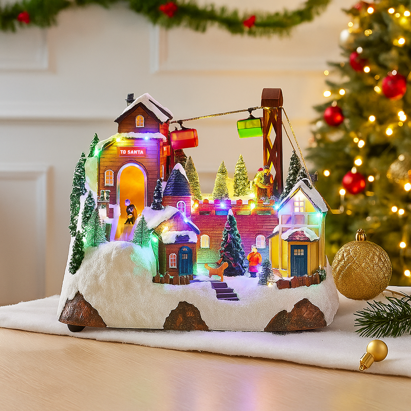 Christmas LED village scene with turning movement and music, 29.5x17.5x24cm holiday tabletop decor