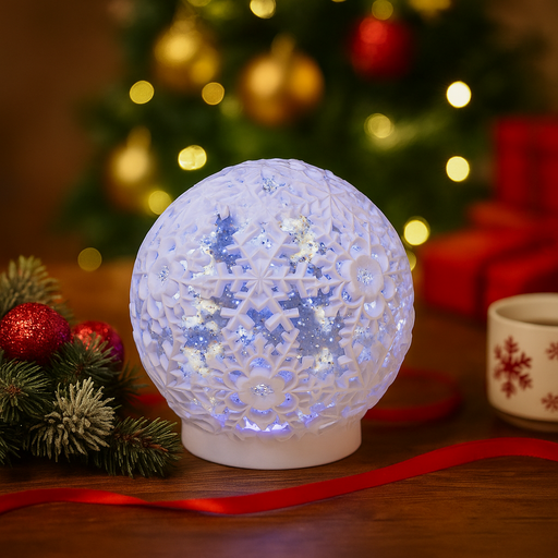 Christmas LED waterball featuring a white snowflake with swirling glitter and warm LED light